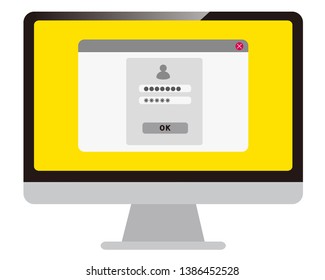 Computer monitor icon. Pop up window. Flat PC symbol. personal computer,security,password