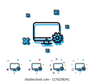 Computer or Monitor icon. Service Cogwheel sign. Personal computer symbol. Line icon with geometric elements. Bright colourful design. Vector