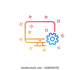 Computer or Monitor icon. Service Cogwheel sign. Personal computer symbol. Gradient design elements. Linear monitor settings icon. Random shapes. Vector