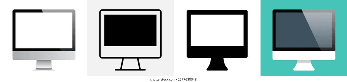 Symbol für den Computerbildschirm eingestellt. Monitor-Symbol im flachen Stil. Realistischer Monitor. Bildschirm "Monitor Display". Verschiedene Stilsymbole gesetzt. Vektorgrafik