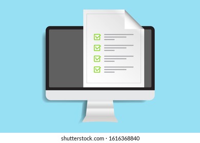 Computer monitor icon in a trendy flat style with a data checklist. Questions concept for the test check box. Notebook screen. Vector illustration element.