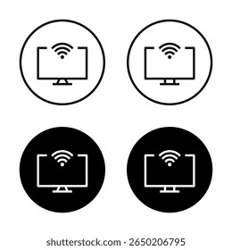 Computer monitor icon with wifi signal. Wireless internet connection symbol on modern desktop screen in black circle