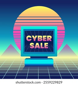 Computer Monitor Illustration With Vaporwave Design Style And Simple Sun Gradient Background