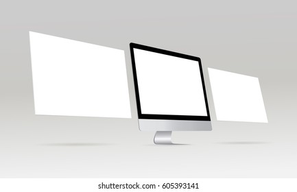 Computer Monitor IMac With Blank Screen And Blank Web Wireframing Pages. Web Design Concept. Mockup For Showing Responsive App Or Web Projects. Vector Illustration