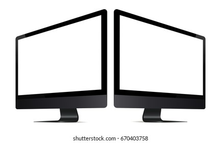 Computer monitor iMac Pro mockup with perspective view. Two black monitors with blank screens isolated on white background. Vector illustration