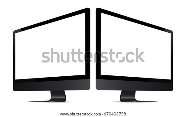 パースビューを使用したコンピュータモニタimac Proのモックアップ 白い背景に2台の黒いモニタと空白の画面 ベクターイラスト のベクター画像素材 ロイヤリティフリー