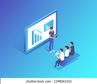 Computer monitor with information vector isolated isometric icon 3d. Presenter with diagrams charts explaining details to listeners workers on bench