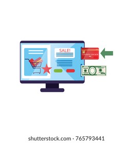 Computer monitor with internet store on screen with payment options plastic card and cash. Online shopping concept. Vector illustration. Flat icon design