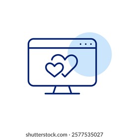 Computer monitor and intertwined hearts. Dating platform, virtual relationships hub. Pixel perfect, editable stroke icon