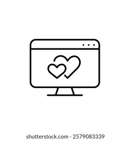 Computer monitor and intertwined hearts. Dating platform, virtual relationships hub. Pixel perfect vector icon