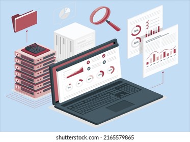 Computer monitor Isometric 3d design with infographic elements. Business strategy and planning, data and investments. Business success concept Case study research concept pc. vector illustration