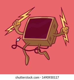 Computer monitor jumping vector illustration. Piracy, technology, anti virus design concept