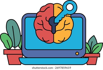 A computer monitor with a key on it and a brain on the screen. The brain is split into two halves, with one half being red and the other half being yellow. The key is on the right side of the brain
