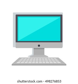 Computer monitor with keyboard isolated on white. Work place. Modern office interior. Can be used for web banners, marketing and promotional materials, presentation templates. Vector illustration