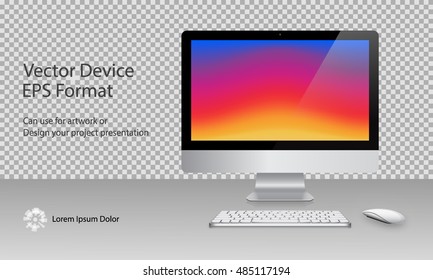 Computer Monitor, Keyboard and Mouse with Colorful Screen Isolated. Can Use for Template Presentation and Banner. Device Set . Gadget Mock Up. Vector Illustration.