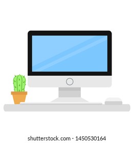 computer monitor, keyboard and mouse on office table with cactus in cartoon style icon on white, stock vector illustration