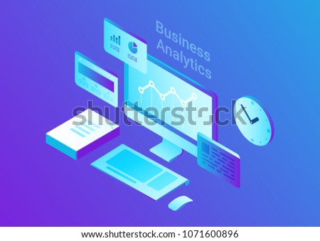 Computer Monitor Keyboard Mouse  Stack of Papers Clock Isometric Flat vector illustration. Business Finance Analytics 3d concept.