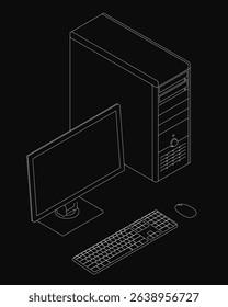 A computer monitor and keyboard are shown in a black and white drawing. The computer is a desktop computer with a tower and a keyboard
