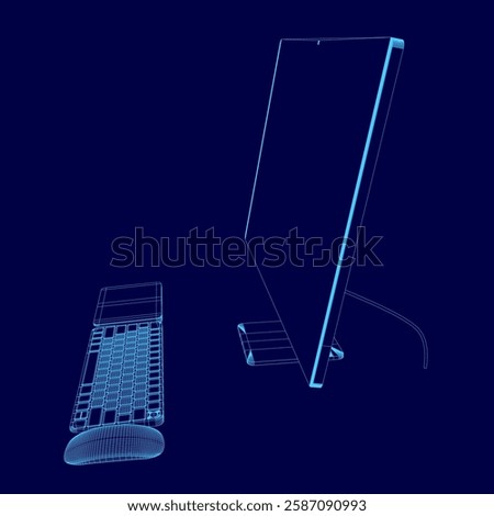 A computer monitor and keyboard are shown in a blue background. The monitor is turned off and the keyboard is not in use. Concept of technology and productivity, as the computer setup is ready for use