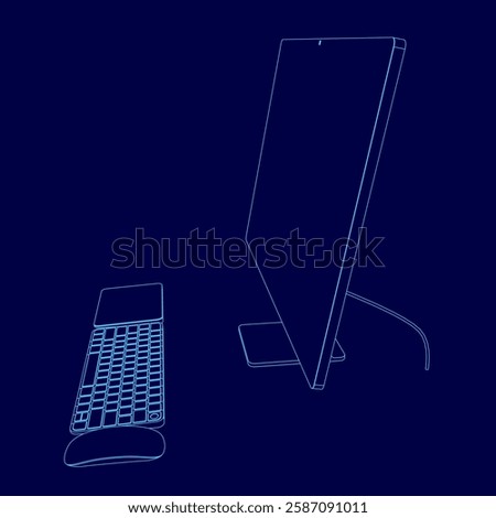 A computer monitor and keyboard are shown in a blue background. The monitor is turned off and the keyboard is open