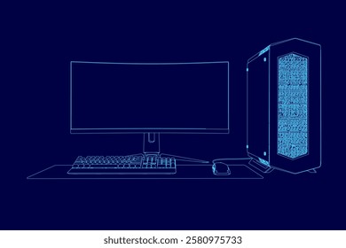 A computer monitor and keyboard are shown on a blue background. The computer monitor is a large screen, and the keyboard is a standard keyboard. Concept of technology and productivity