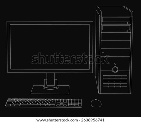 A computer monitor and keyboard are shown on a black background. The computer monitor is turned off, and the keyboard is not in use. Concept of technology and productivity