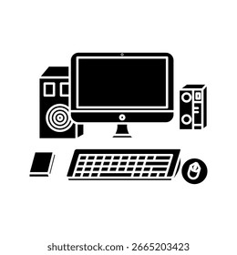 A computer monitor and a keyboard and speaker icon on white background