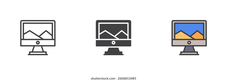 Computer monitor with a landscape image different style icon set. Line, glyph and filled outline colorful version, outline and filled vector sign. Creative design symbol, logo illustration