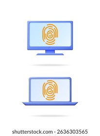 Computer monitor and laptop with fingerprint icon on screen. Biometric security and digital identification concept. Secure login access for cyberspace.