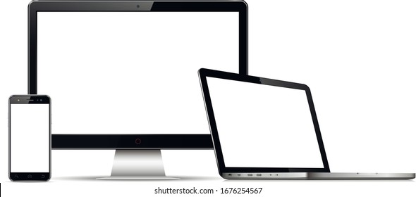 Computer monitor, laptop and mobile phone with blank screen