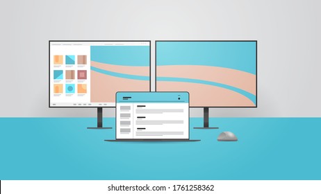 computer monitor and laptop realistic mockup gadgets and devices cross platform concept horizontal vector illustration