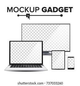 Computer Monitor, Laptop, Tablet, Mobile Phone Mockup Vector. Electronic Gadget, Set of Device Mockup. Isolated Illustration
