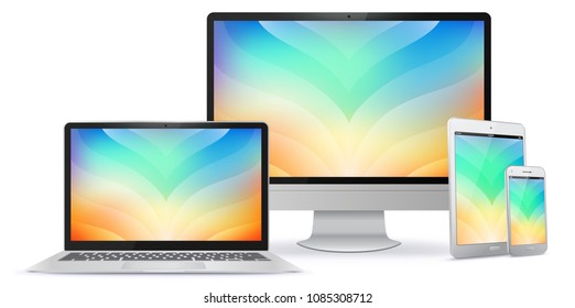 Computer Monitor, Laptop, Tablet PC and Mobile Phone Screen With Colorful Abstract Background 