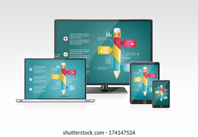 Computer monitor, laptop, tablet pc, and mobile smartphone with a blue background and colorful apps or infographics on a screen.