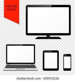 Computer monitor, laptop, tablet pc and smart phone with blank screen isolated on transparent background