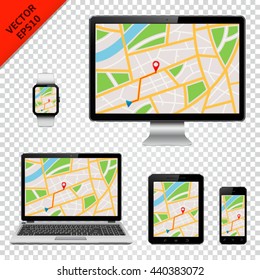 Computer Monitor, Laptop, Tablet Pc, Mobile Phone And Smart Watch With GPS Map On Screen. Isolated On Transparent Background.