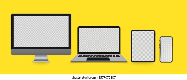 Computer Monitor, laptop, tablet, smartphone. Set of Devices with empty screens. Electronic gadgets
