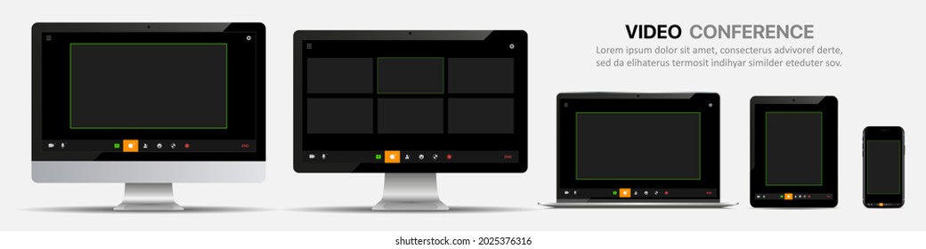 Computer Monitor, Laptop, Tablet And Smartphone With Video Call Screen Template Mockup