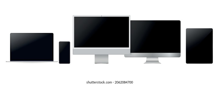 Computer monitor, laptop, tablet, smartphone, pencil. Vector template mock up.