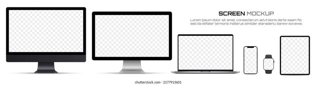 Computer monitor, laptop, tablet, smartphone and watch with blank screen