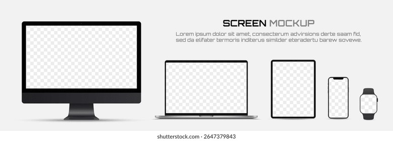 Computer monitor, laptop, tablet, smartphone and smart watch with blank screen. Mockup of screen device