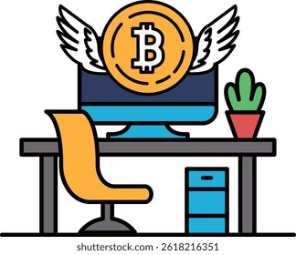A computer monitor with a large B on it and a pair of wings above it. A potted plant is on the desk next to the monitor