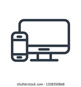 computer monitor with left smart phone hanging vector symbol linear icon