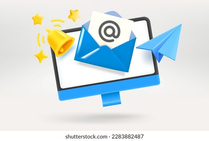 Computer monitor with letter, plane and bell. Receiving message concept. 3d vector illustration