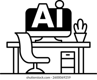 A computer monitor with the letters AI on it In black and white line style