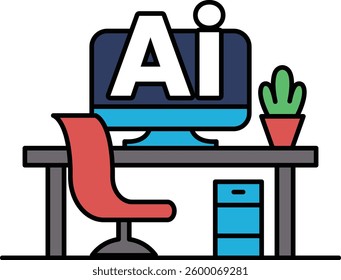 A computer monitor with the letters AI on it. The computer is on a desk with a red chair and a potted plant