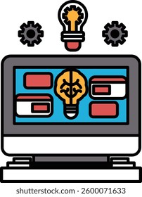 A computer monitor with a light bulb on it. The light bulb is surrounded by gears. Concept of innovation and creativity
