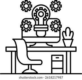A computer monitor with a light bulb on it and a bunch of gears surrounding it