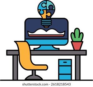 A computer monitor with a light bulb on it is on a desk with a chair and a potted plant. Concept of creativity and productivity, as the light bulb represents an idea or inspiration