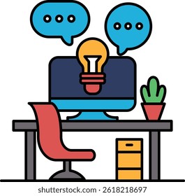 A computer monitor with a light bulb on it is on a desk with a red chair and a potted plant. Concept of creativity and innovation, as the light bulb represents an idea or a new concept